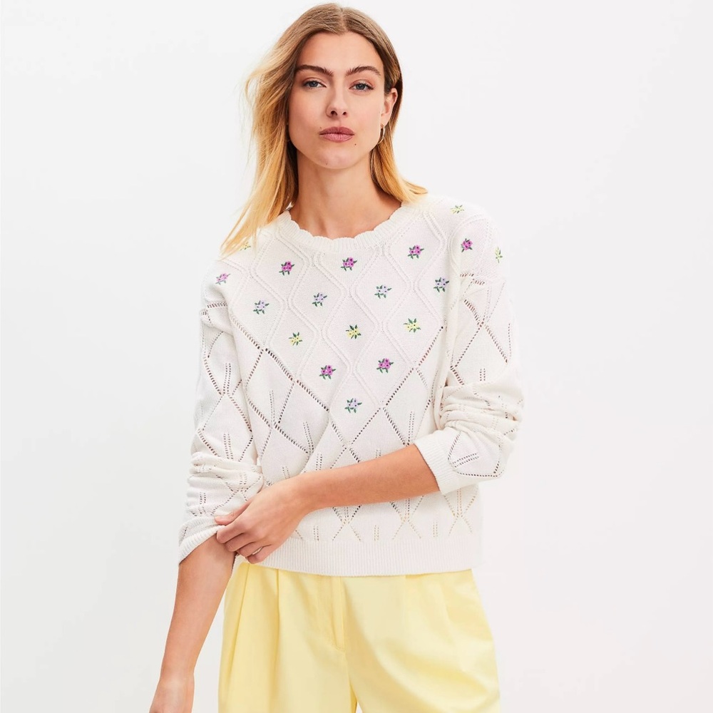 Floral Embroidered Pointelle Sweater
